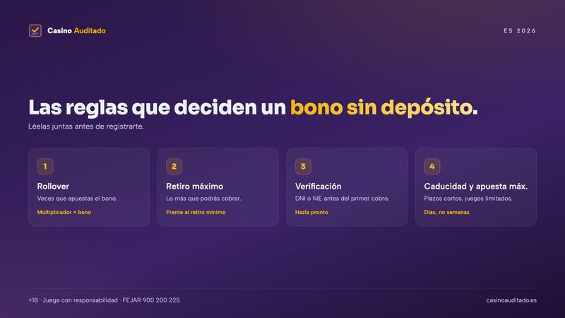 Cinco condiciones de un bono sin depósito: rollover, retiro máximo, verificación, caducidad y apuesta máxima